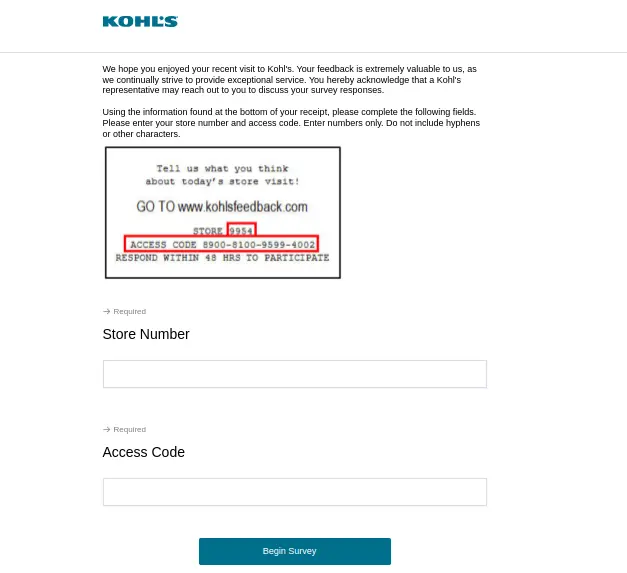 Kohl's customer survey homepage at Kohlsfeedback.com