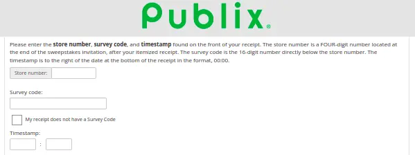 Enter Publix visit details such as date, time, and survey code.